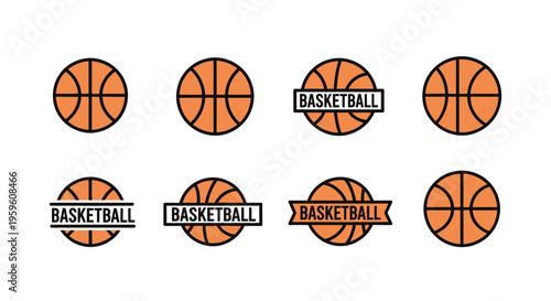 Collection of Orange Basketball Icons Featuring Classic Sport Balls and Textual Emblems For Athletic Branding And Design Elements