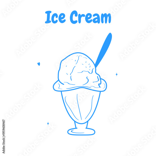 Vintage style ice cream sundae in glass bowl with spoon blue line art
