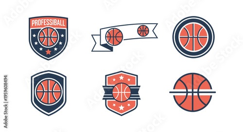 Collection of Six Basketball Themed Emblem and Icon Designs Featuring Sporting Equipment and Athletic Symbols for Sports Branding and Apparel Design