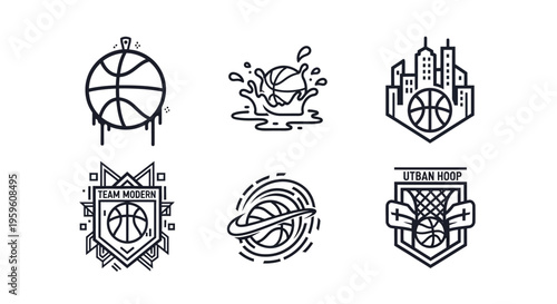 Collection of Six Modern Line Art Basketball Emblems Featuring Different Sport Themes for Branding and Design Projects 115 Characters