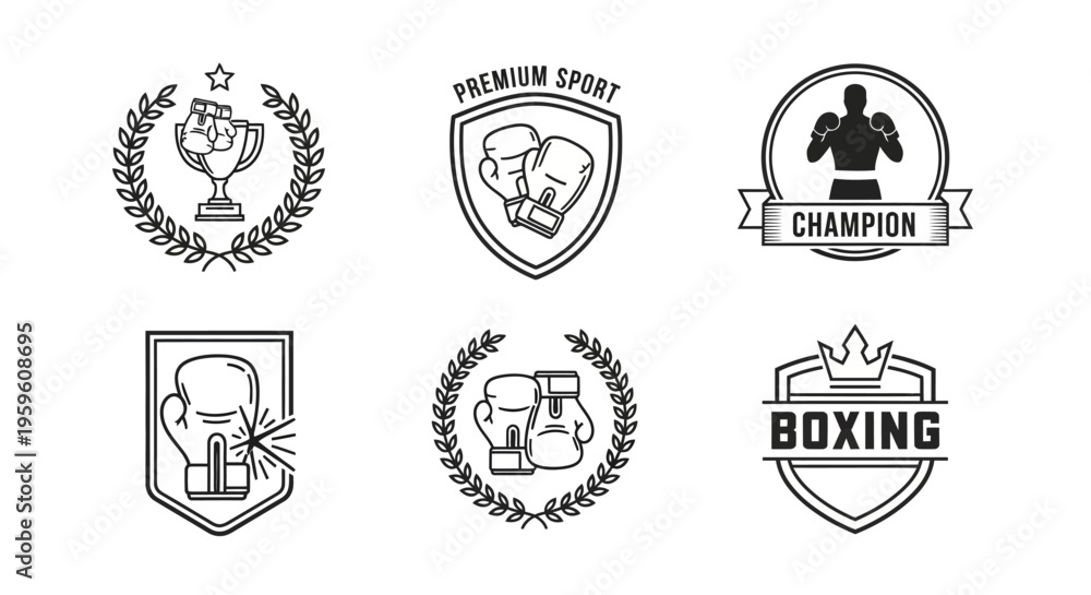 Fototapeta premium Collection of Six Boxing And Sports Emblems Including Trophy Gloves And Championship Ribbons For Sport Branding And Design Projects