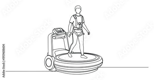 Man walking on a specialized rehabilitation treadmill with a body harness for gait training and physical therapy sessions for health and recovery applications