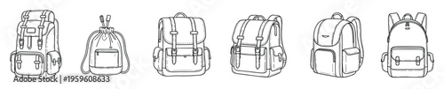 A collection of various detailed backpack designs in line art style, perfect for travel, adventure, education, fashion, and outdoor activity applications needing simple graphic assets.