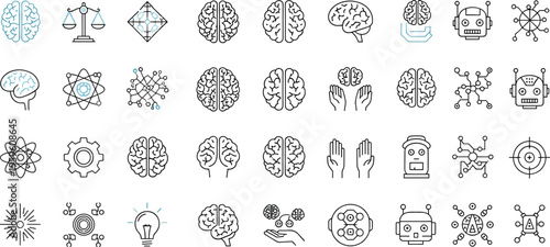 Artificial intelligence and neuroscience line icons set brain technology machine learning robotics data science symbols collection thin outline vector illustration isolated background