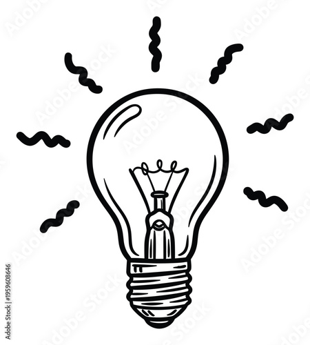 Black outline drawing of a classic glowing light bulb surrounded by wavy lines, symbolizing an innovative idea or solution, perfect for educational materials, business presentations, or