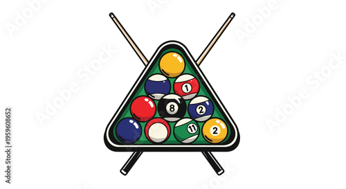 Billiard Balls Arranged In Triangle Rack With Cues Ready For Game Play And Competition Sports Pastime Entertainment Objects Collection