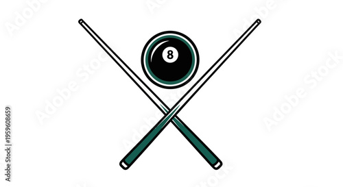 Eight Ball Pool Cues Crossed Emblem Icon Symbol for Sports Game and Leisure Entertainment Activity