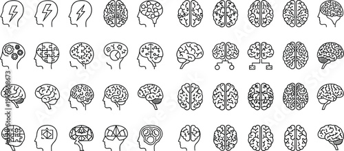 Brain and mind line icons set human head intelligence thinking psychology neuroscience concept collection thin outline vector symbols isolated on white background