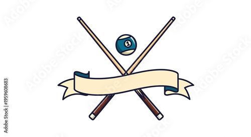 Crossed cue sticks and pool ball with a banner, retro cartoon style vector design element ideal for billiard game logos, emblems or sports club advertising, on white background.