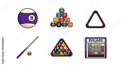 Collection of Billiard Game Elements Including Numbered Balls Rack Rack Stand Cue Stick and Scoreboard for Sport Recreation Entertainment