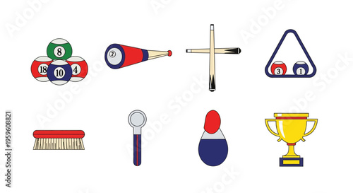 Collection of Billiards Game Objects and Winning Trophy Representing Sports Recreation and Competition Equipment Isolated on White Background