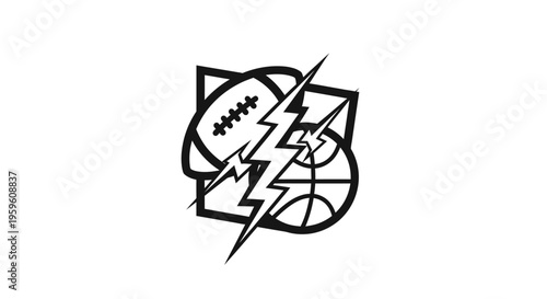 Athletic Sports Energy Concept Featuring American Football and Basketball Symbols Combined With Lightning Bolt Elements