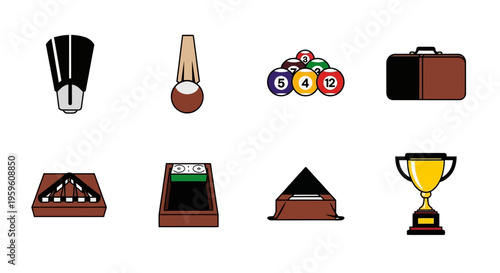 Collection of vector illustrations of billiard equipment and accessories on white background.
