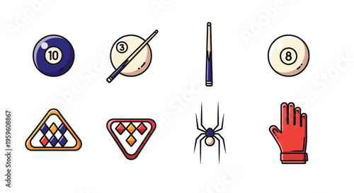 Collection of billiard balls, cues, and accessories isolated on white background.