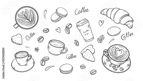 Hand drawn coffee and bakery doodle icons collection