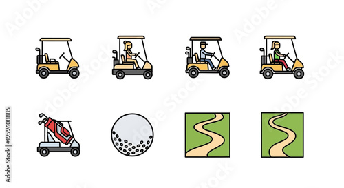 Golfing elements set with golf carts, golf balls, and course illustrations.