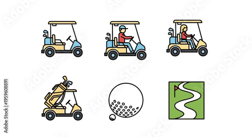 Golf cart illustrations with golfers, golf ball, and course map on white background.