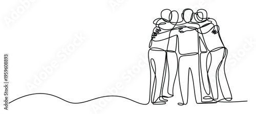 A single continuous line drawing depicting three close friends standing together in a supportive embrace, symbolizing unity, teamwork, and strong bonds perfect for expressing togetherness