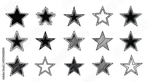 A diverse collection of hand drawn doodle stars with varied grunge textures and outline styles perfect for graphic design projects, UI UX elements, social media graphics and award