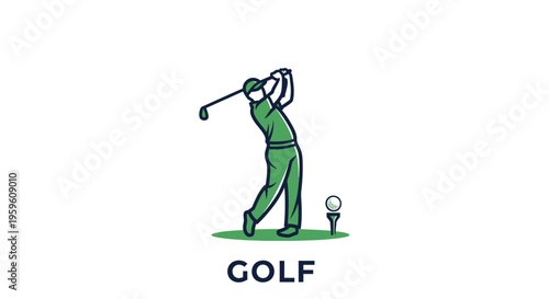 Green golf player swinging club to hit the ball on a white background.