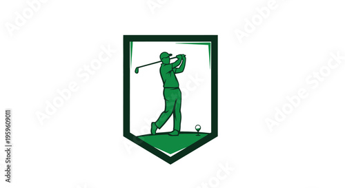 Green golf player logo with a golf ball and a green background.