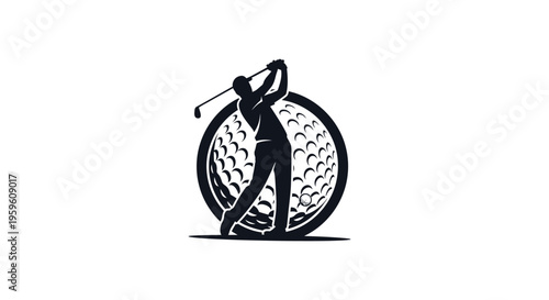 Silhouette of a golfer swinging a club with a golf ball in the background.