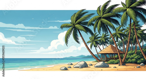 A serene beach scene with palm trees and a hut by the ocean in a vector graphic illustration