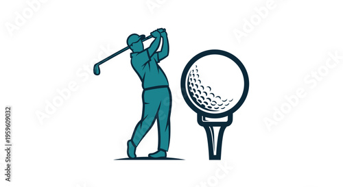 Golf player silhouette swinging club near golf ball on tee, vector illustration.