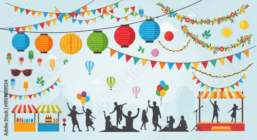 A vibrant festival scene with colorful decorations and joyful people celebrating outdoors