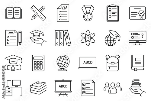 Education vector icon set with black outlines. Book, Table, Board, School Bag, Pencil, Computer, Laptop, Marksheet, Calculator etc icon set. Editable stroke. Vector illustration.