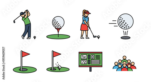 Golfing icons set featuring players, balls, flags, and scoreboards on white background.