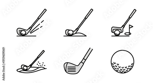Golfing equipment and elements in simple black and white illustrations.