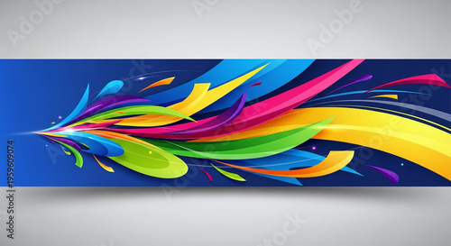 Dynamic Abstract Flow of Colorful, Vibrant Ribbons on a Deep Blue Banner Background
