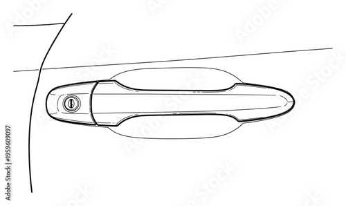 Line drawing depicting an automobile door handle with a visible keyhole, useful for conveying automotive mechanics, engineering specifications, or vehicle assembly instructions.