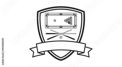 Black and white illustration of a pool table inside a shield with crossed cues.