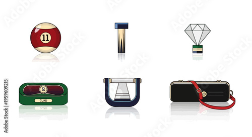 Set of six vector icons related to billiards and luxury items on white.