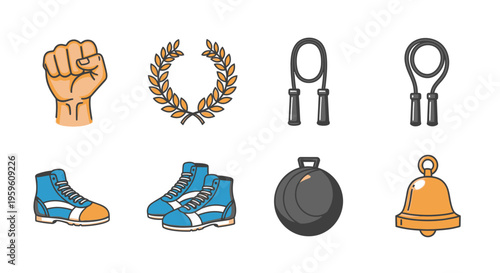 Collection of fitness and gym related icons in a flat design style.