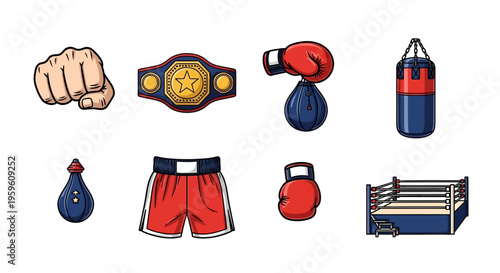Boxing equipment collection: gloves, punching bag, belt, shorts, and ring.