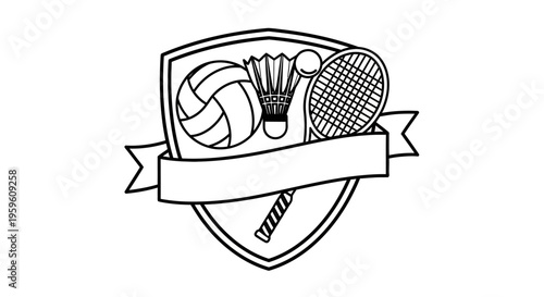 Sports equipment illustration with volleyball, badminton shuttlecock, and tennis racket.