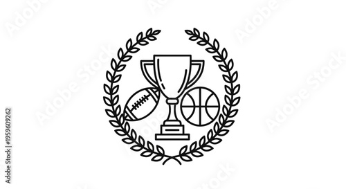 Sports trophy with football, basketball, and laurel wreath on white background.