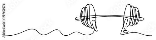 Continuous single line drawing of a stylized barbell representing strength and fitness, perfect for gym promotions, sports apparel branding, or workout motivation graphics.