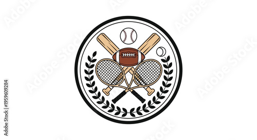Sports emblem featuring a football, baseball, tennis ball, and rackets on white.