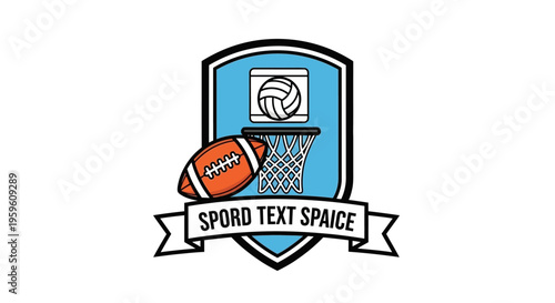 Diverse Sports Equipment Inside Emblem Shield With Net Basketball Hoop Volleyball And Football For Athletic Concept