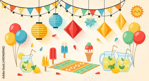 A colorful illustration of a festive party scene with balloons, lanterns, and refreshing summer treats.