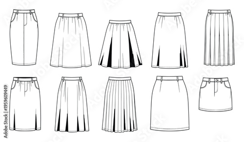 Comprehensive collection of fashion technical flat sketches featuring various skirt types like pencil, Aline, pleated, and mini, suitable for clothing product development and apparel design