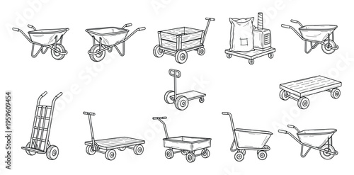Diverse collection of essential hand trucks, wheelbarrows, and utility carts designed for efficient material transport and handling in gardening, construction, or warehouse operations.