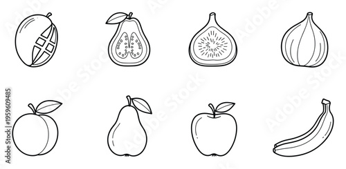 Outline drawing set of various fresh fruits including mango, guava, fig, peach, pear, apple, and banana, suitable for healthy lifestyle promotion, recipe books, and learning resources.