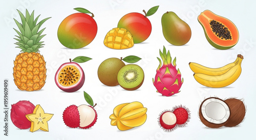 A colorful vector illustration of various tropical fruits, including pineapples, mangoes, and papayas.