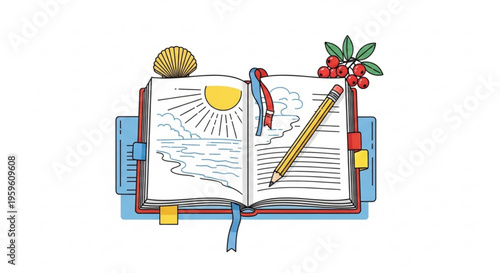 A colorful vector illustration of an open book with a pencil and ribbon bookmark, surrounded by a shell, berries, and leaves on a white background.