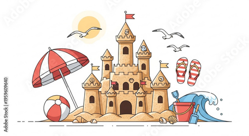 A colorful vector illustration of a sandcastle with beach accessories and seagulls flying overhead